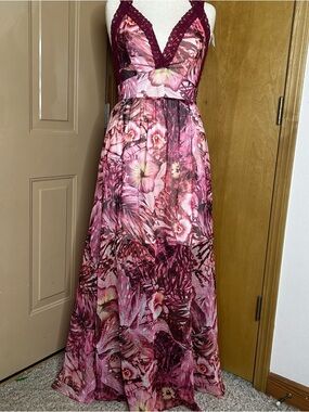 Guess Pink Floral Halter Maxi Dress with Lace Accents